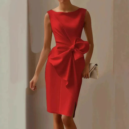 Women’s Slim Fit Dress - Woven Fabric - Boat Neck - Sleeveless - Knee Length - Bow Detail