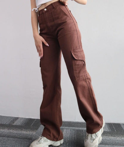 Women’s Cargo Pants – High Waist – Relaxed Fit – Straight Leg Cotton – Full Length