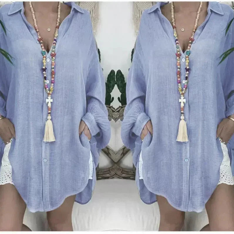 Women’s Blouse – Oversized Fit – Cotton Linen – Button Up – Tunic Length – Casual Wear