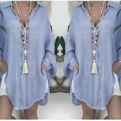 Women’s Blouse – Oversized Fit – Cotton Linen – Button Up – Tunic Length – Casual Wear