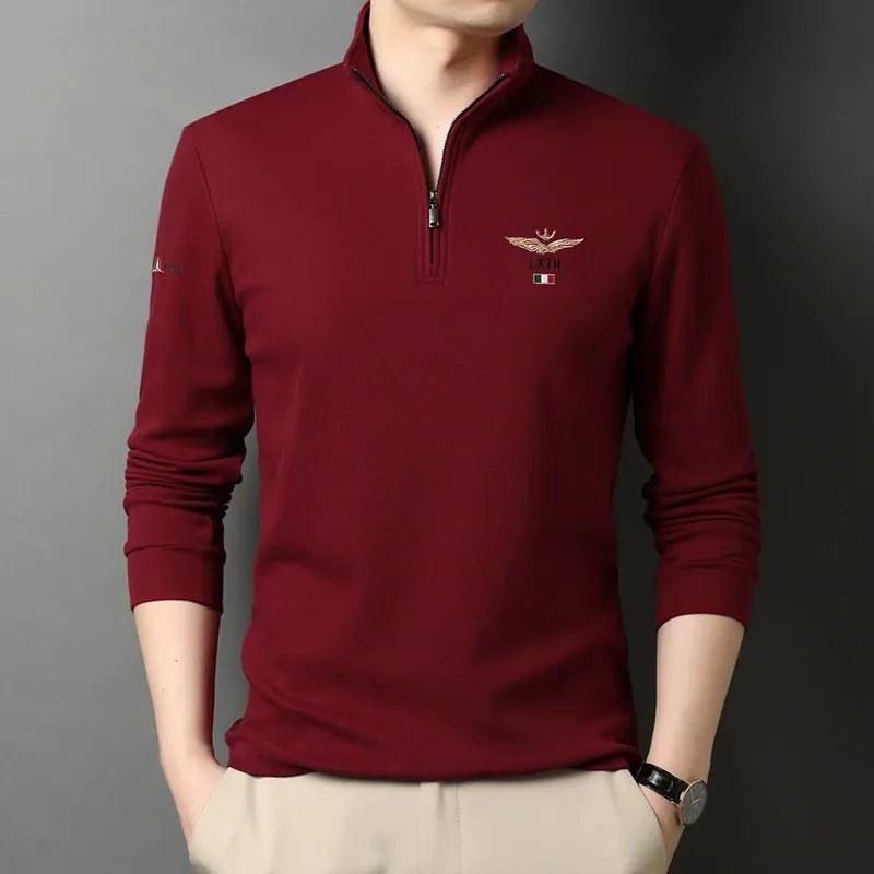 Men’s Long-Sleeved T-Shirt – Slim Fit – Cotton Feel – Lapel Half-Zip – Embroidered Detail