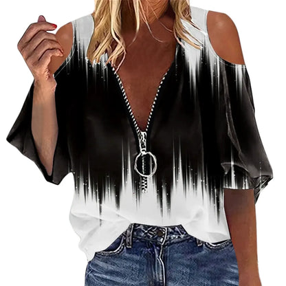 Women’s Off-Shoulder Blouse – Loose Fit – Zipper Front – Artistic Print – Long Sleeve
