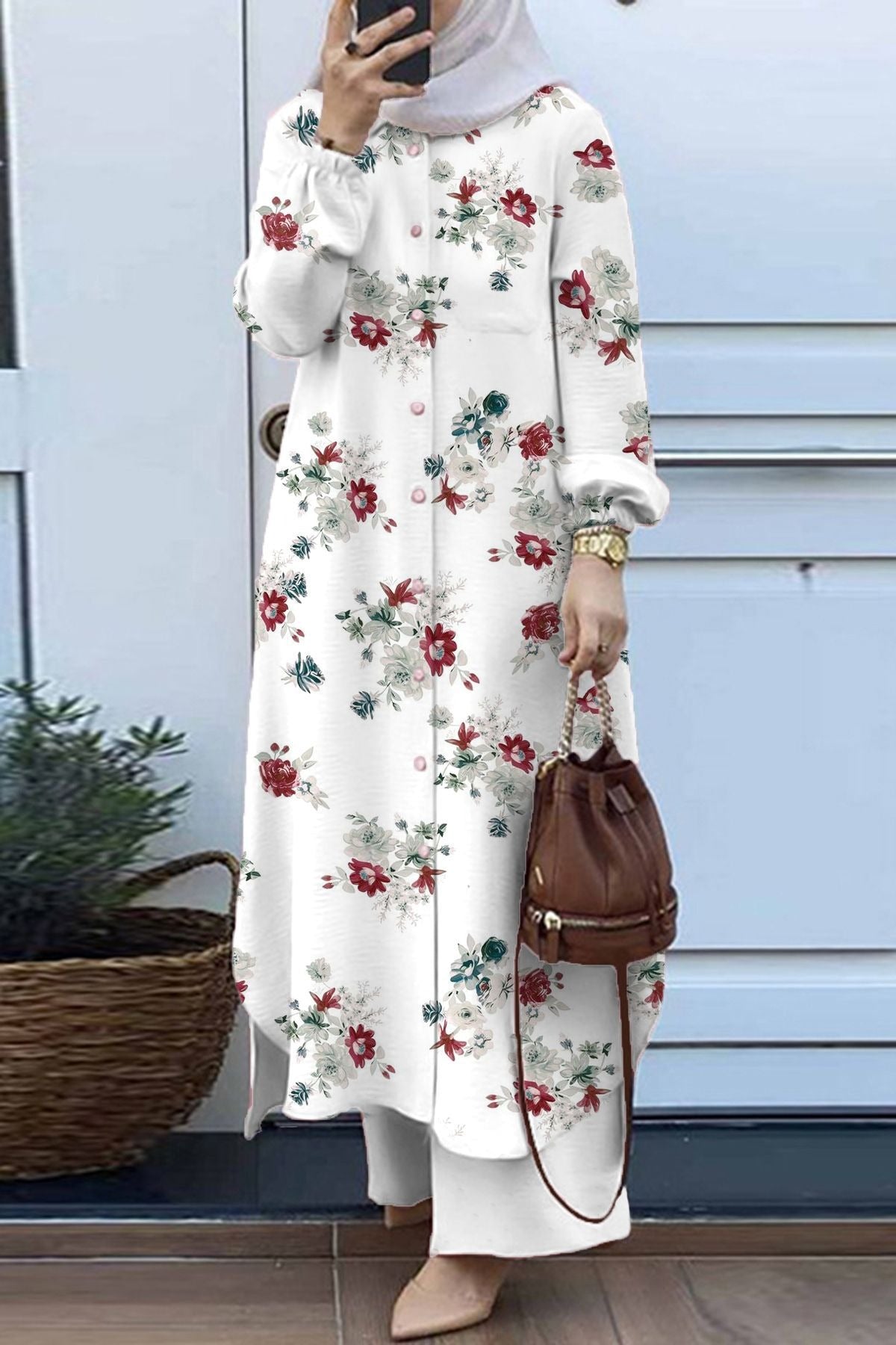 Women’s Tunic Set – Relaxed Fit – Stand Collar – Long Sleeve – Full-Length Trousers