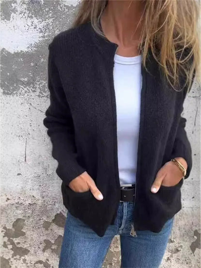 Women’s Jacket – Loose Fit – Ribbed Knit – Stand Collar – Zip Front – Mid Length