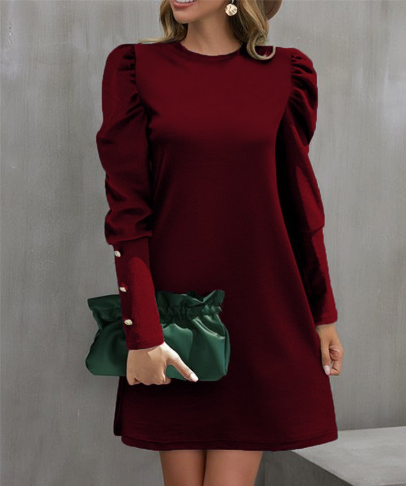 Women’s Long Sleeve Dress – Relaxed Fit – Puff Sleeves – Button Cuffs – Round Neckline