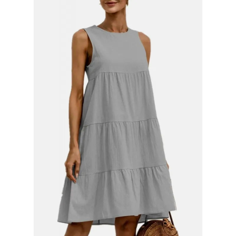 Women’s Sleeveless Dress – Cotton Blend – Loose Fit – Tiered Ruffle Midi Length