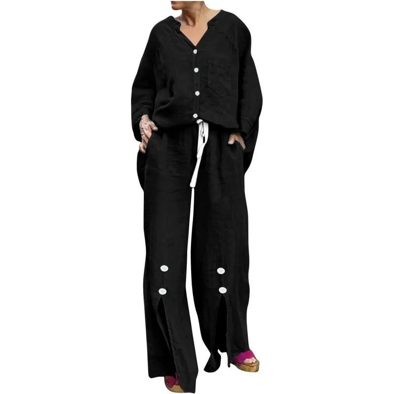 Women’s Two-Piece Set – V-Neck Cardigan – Drawstring Wide-Leg Pants – Cotton Blend