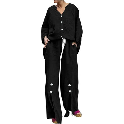 Women’s Two-Piece Set – V-Neck Cardigan – Drawstring Wide-Leg Pants – Cotton Blend