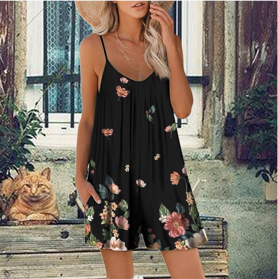 Women’s Romper – Loose Fit – Cotton Blend – Spaghetti Strap – Scoop Neck – Floral Print – With Pockets