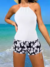 Women’s Tankini Set – Halter Neck – Backless Sleeveless Top – Floral Side-Tie Shorts – Breathable Blend