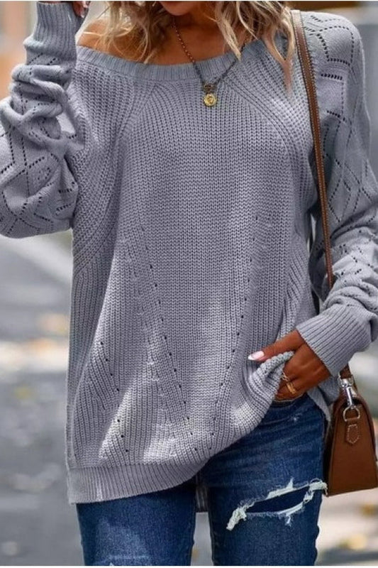 Women’s Knit Top – Cotton – Relaxed Fit – Off-Shoulder – Long Sleeve – Hip Length