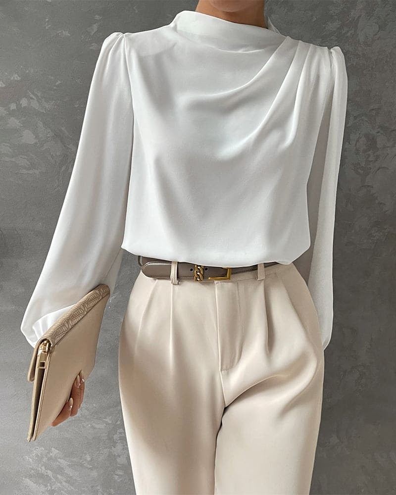 Women’s Blouse – Silk Feel – Relaxed Fit – Ruffled Collar – Long Sleeve