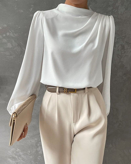 Women’s Blouse – Silk Feel – Relaxed Fit – Ruffled Collar – Long Sleeve
