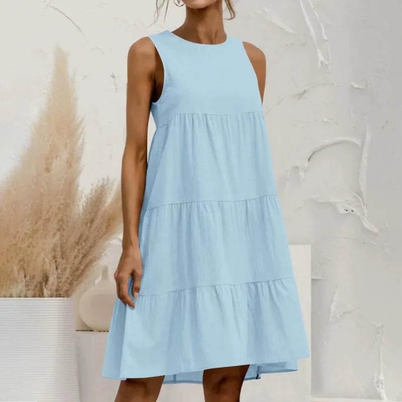 Women’s Sleeveless Dress – Cotton Blend – Loose Fit – Tiered Ruffle Midi Length