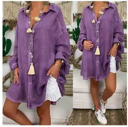 Women’s Blouse – Oversized Fit – Cotton Linen – Button Up – Tunic Length – Casual Wear