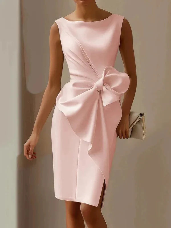 Women’s Slim Fit Dress - Woven Fabric - Boat Neck - Sleeveless - Knee Length - Bow Detail