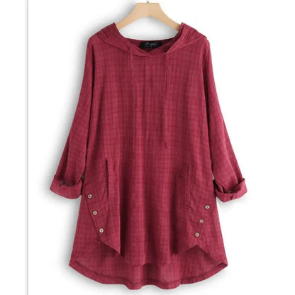 Women’s Tunic Shirt – Relaxed Fit – Plaid Pattern – Hoodie – Rolled Sleeves