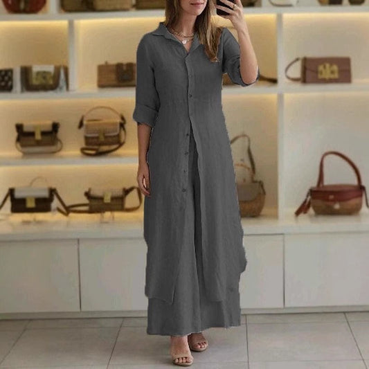 Women’s Two-Piece Set – Relaxed Fit Shirt – Wide-Leg Pants – Cotton Breathable Fabric