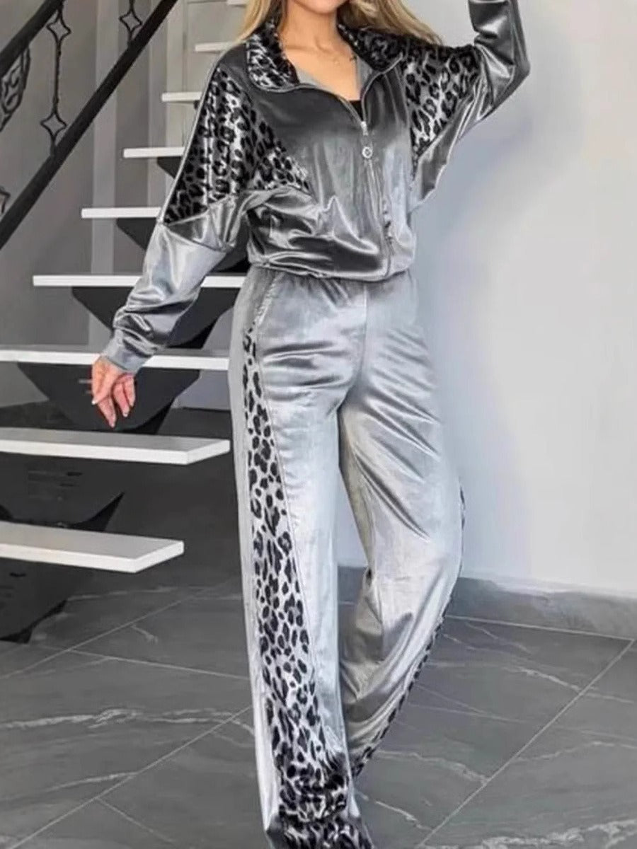 Women’s Leisure Suit Set – Relaxed Fit Jacket and Pants – Animal Print Trim