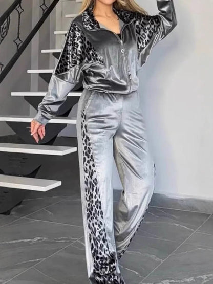 Women’s Leisure Suit Set – Relaxed Fit Jacket and Pants – Animal Print Trim