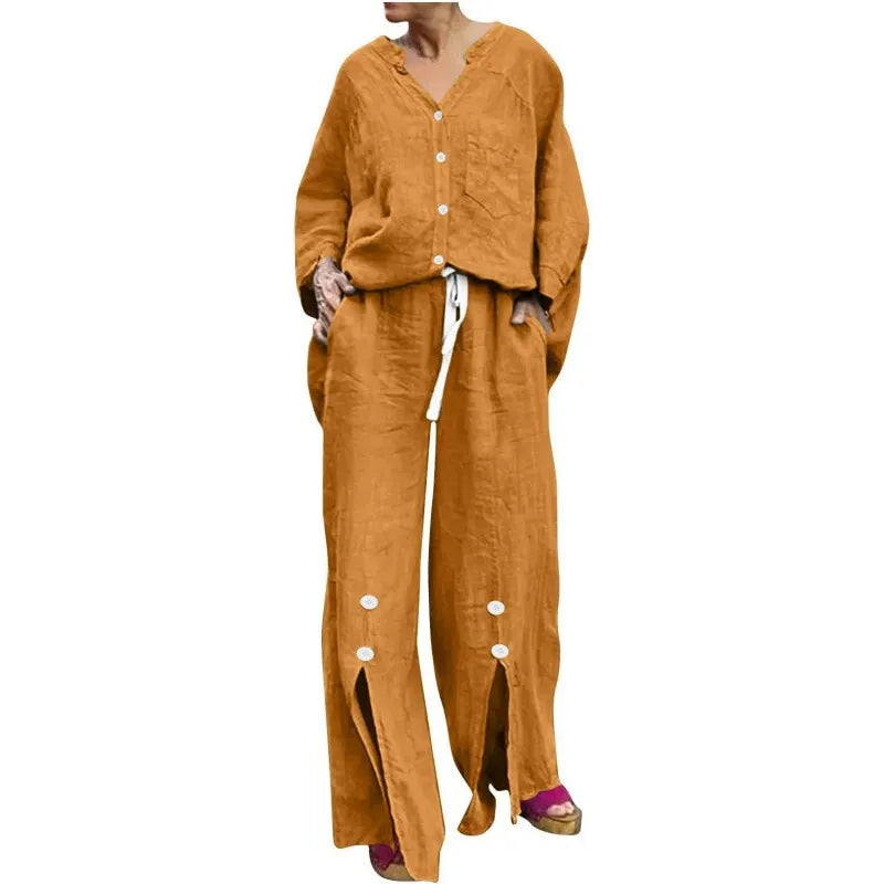 Women’s Two-Piece Set – V-Neck Cardigan – Drawstring Wide-Leg Pants – Cotton Blend