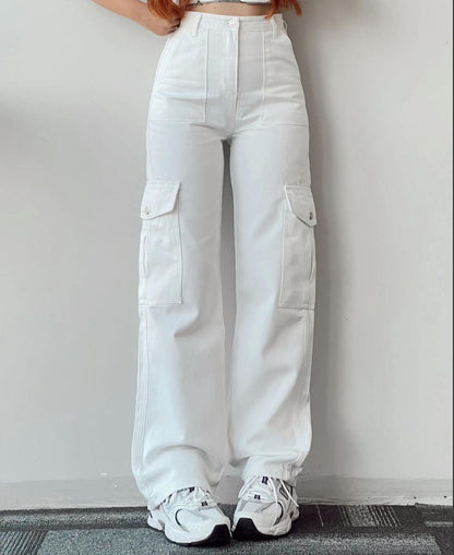Women’s Cargo Pants – High Waist – Relaxed Fit – Straight Leg Cotton – Full Length