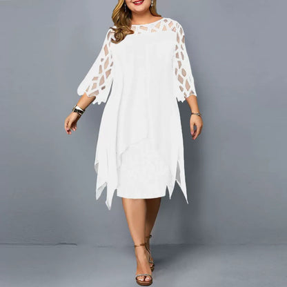 Women’s Midi Dress – Chiffon – Lace Detail – 3/4 Sleeve – Asymmetrical Hem – Relaxed Fit