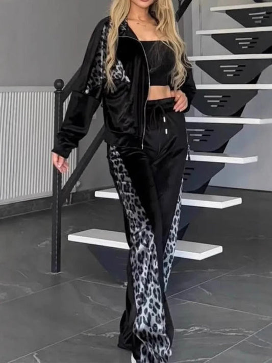 Women’s Leisure Suit Set – Relaxed Fit Jacket and Pants – Animal Print Trim
