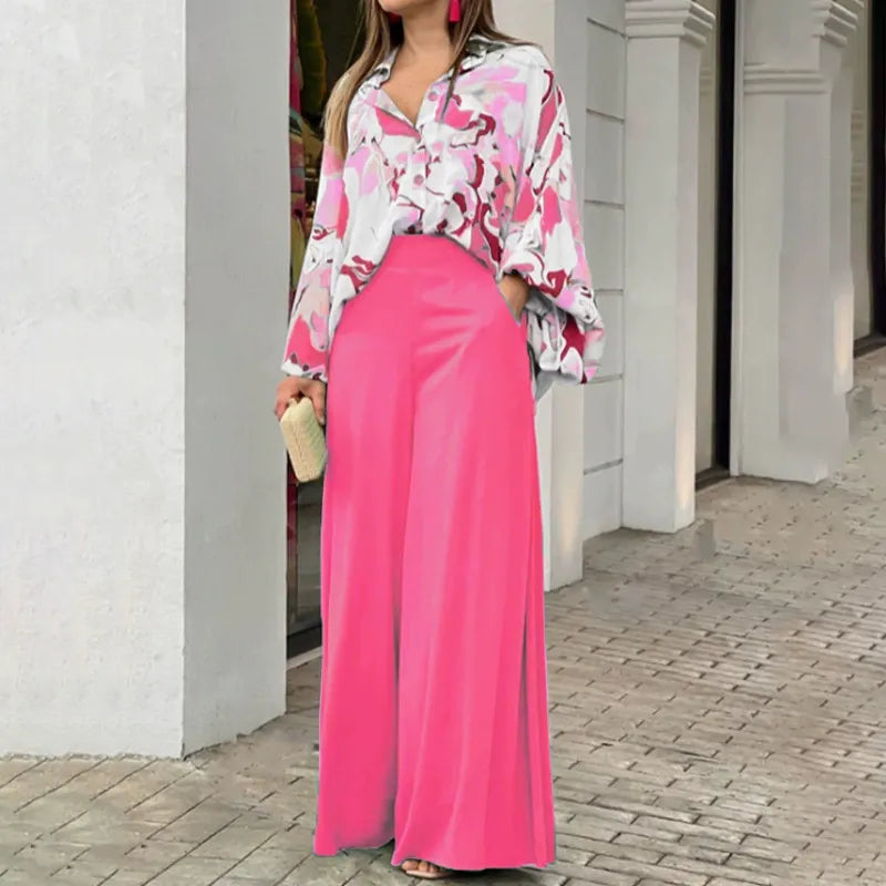 Women’s Wide-Leg Pants Set – Relaxed Fit – High Waist – Silky Soft Draped Fabric