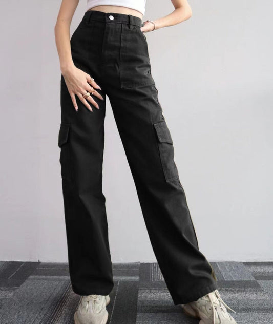 Women’s Cargo Pants – High Waist – Relaxed Fit – Straight Leg Cotton – Full Length