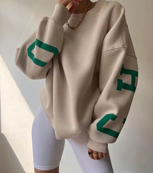 Women’s Sweatshirt – Oversized Fit – Cotton Blend – Graphic Sleeve – Crew Neck