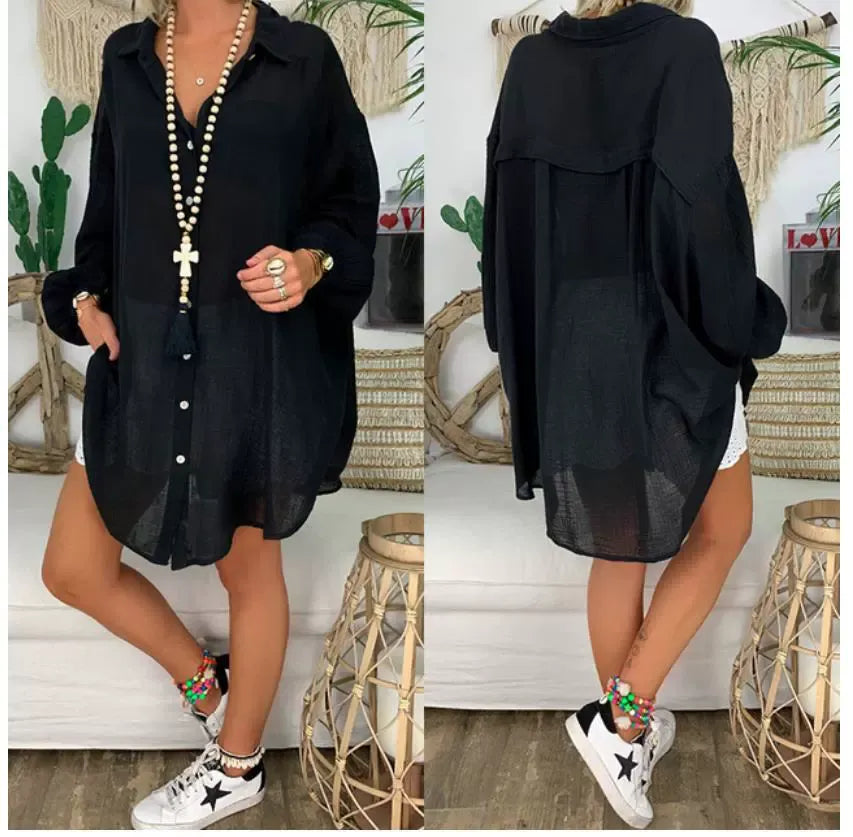 Women’s Blouse – Oversized Fit – Cotton Linen – Button Up – Tunic Length – Casual Wear