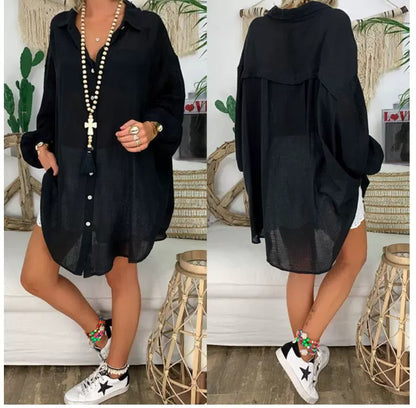 Women’s Blouse – Oversized Fit – Cotton Linen – Button Up – Tunic Length – Casual Wear