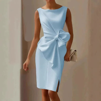 Women’s Slim Fit Dress - Woven Fabric - Boat Neck - Sleeveless - Knee Length - Bow Detail
