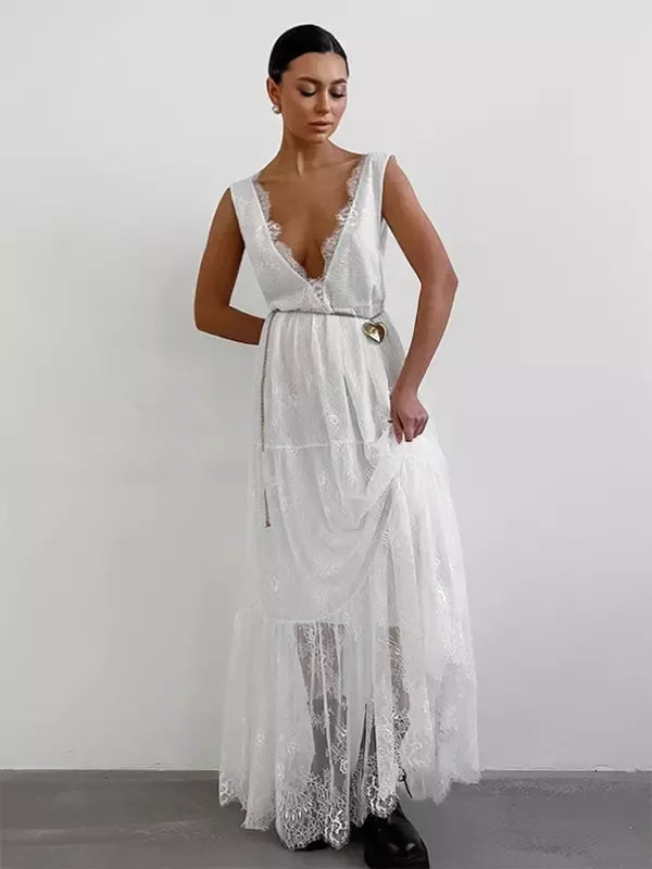 Women’s Long Dress – Lace Overlay – Deep V-Neck – Sleeveless – Elegant Flowy Fit