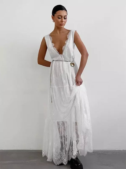 Women’s Long Dress – Lace Overlay – Deep V-Neck – Sleeveless – Elegant Flowy Fit