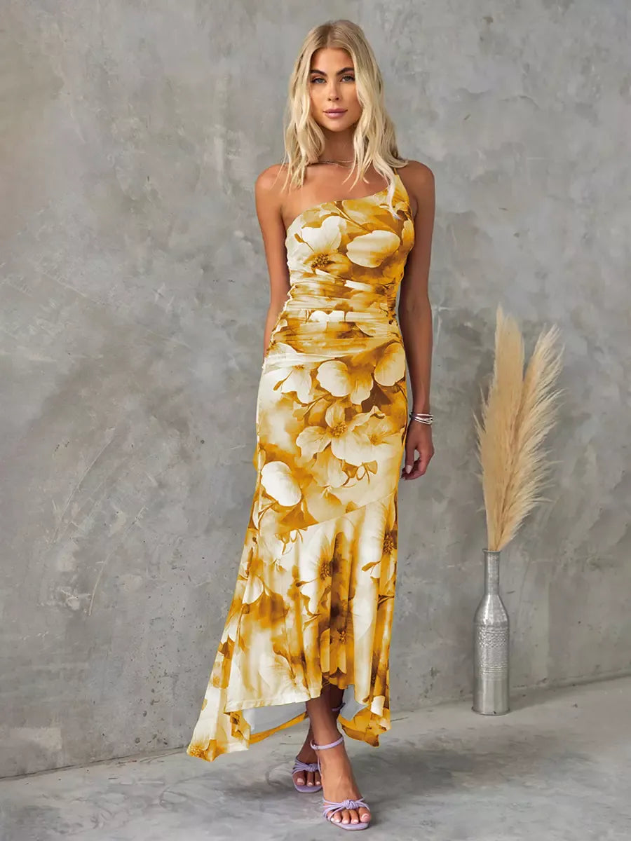 Women’s Long Dress – One-Shoulder Floral Print – Ruched Waist – Breathable Fabric