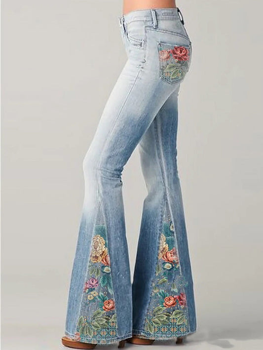 Women’s Flared Jeans – Relaxed Fit – Embroidered Floral Detail – Cotton Denim – Full Length
