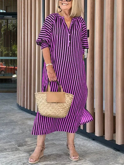 Women’s Midi Dress – Striped Print – V-Neck – Flutter Sleeve – Relaxed Fit – Cotton