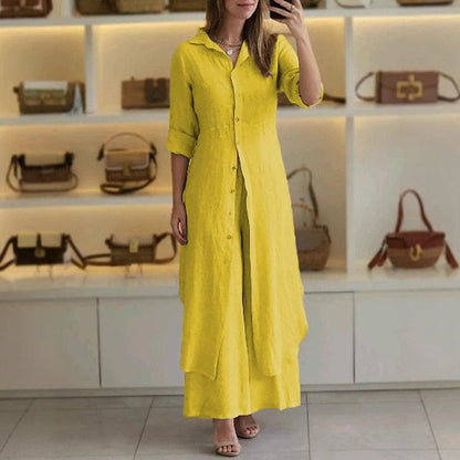 Women’s Two-Piece Set – Relaxed Fit Shirt – Wide-Leg Pants – Cotton Breathable Fabric