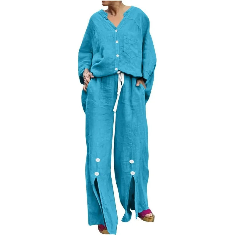 Women’s Two-Piece Set – V-Neck Cardigan – Drawstring Wide-Leg Pants – Cotton Blend