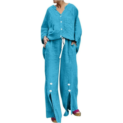 Women’s Two-Piece Set – V-Neck Cardigan – Drawstring Wide-Leg Pants – Cotton Blend