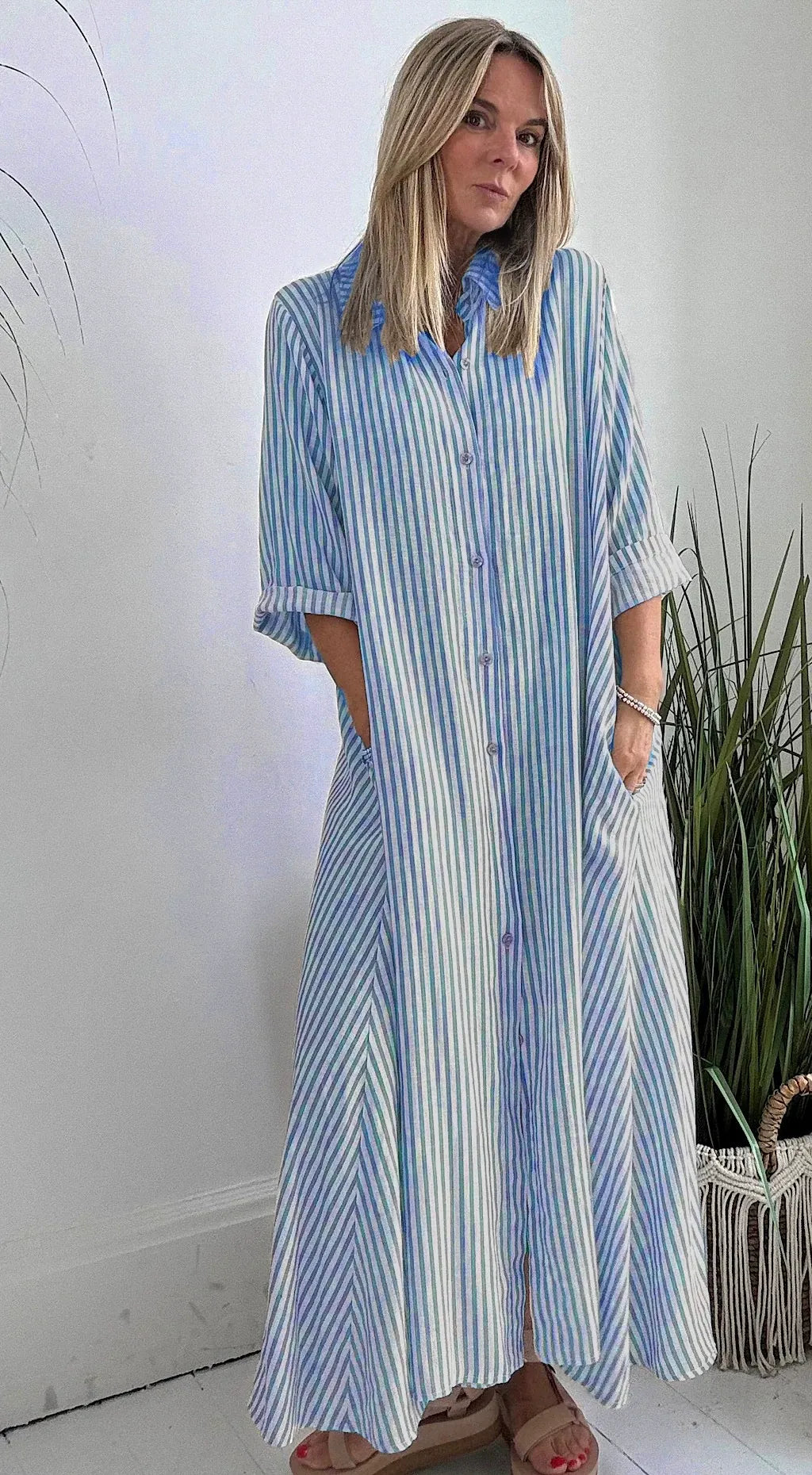 Women’s Maxi Dress – Cotton Blend – Relaxed Fit – Striped – Button Front – Lapel Collar – 3/4 Sleeve