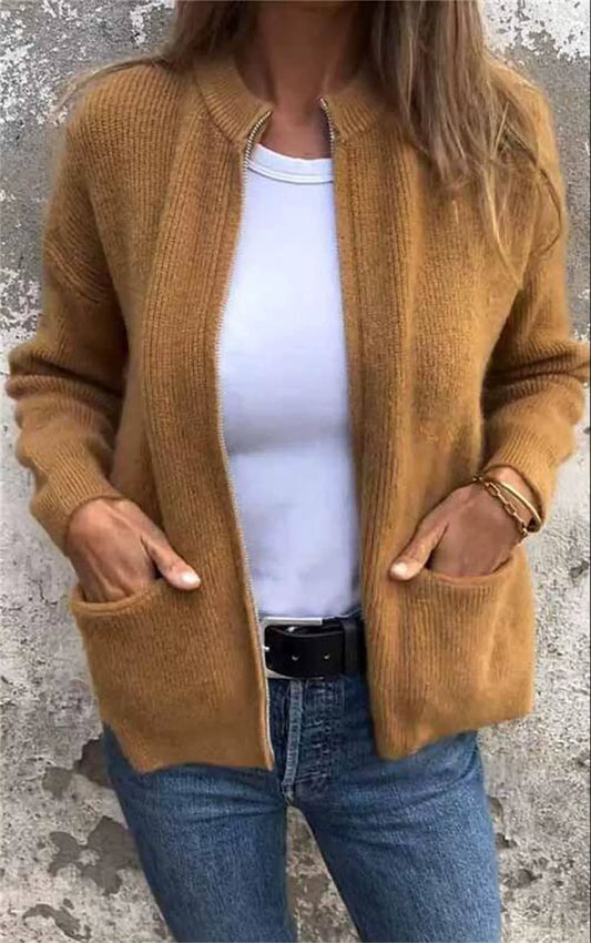 Women’s Jacket – Loose Fit – Ribbed Knit – Stand Collar – Zip Front – Mid Length