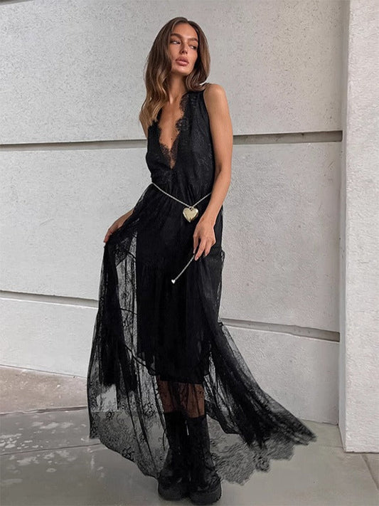 Women’s Long Dress – Lace Overlay – Deep V-Neck – Sleeveless – Elegant Flowy Fit