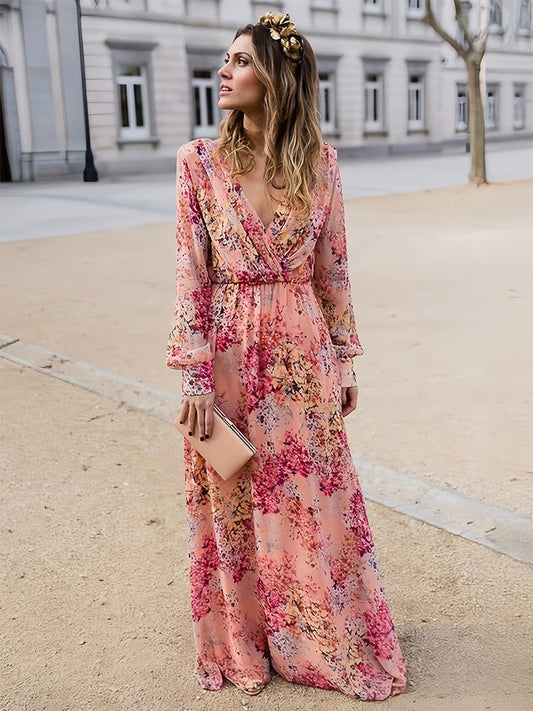 Women’s Maxi Dress – V-Neck – Printed Long Sleeve – Relaxed Fit – Breathable Blend