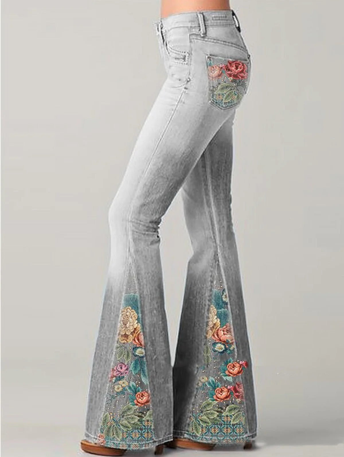 Women’s Flared Jeans – Relaxed Fit – Embroidered Floral Detail – Cotton Denim – Full Length