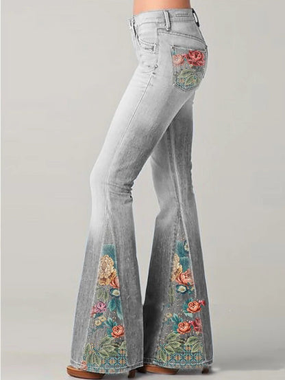 Women’s Flared Jeans – Relaxed Fit – Embroidered Floral Detail – Cotton Denim – Full Length