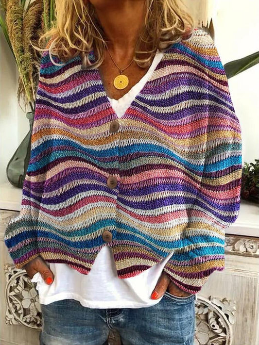 Women’s Cardigan – Knitted – Relaxed Fit – Wave Pattern – Button Front – Hip Length