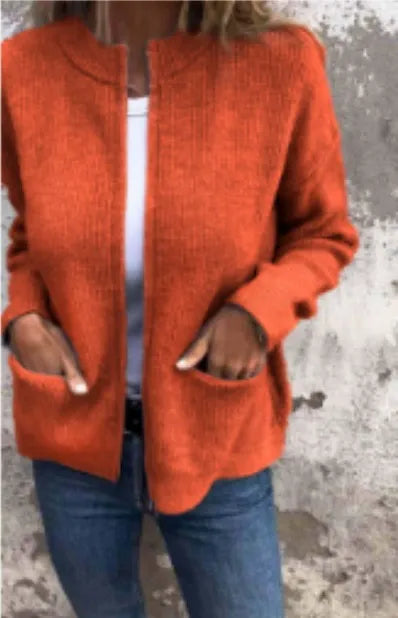 Women’s Jacket – Loose Fit – Ribbed Knit – Stand Collar – Zip Front – Mid Length
